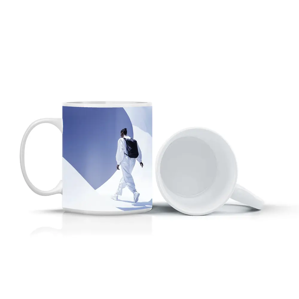 Person White Outfit Black Backpack Blue Sky – Mugs