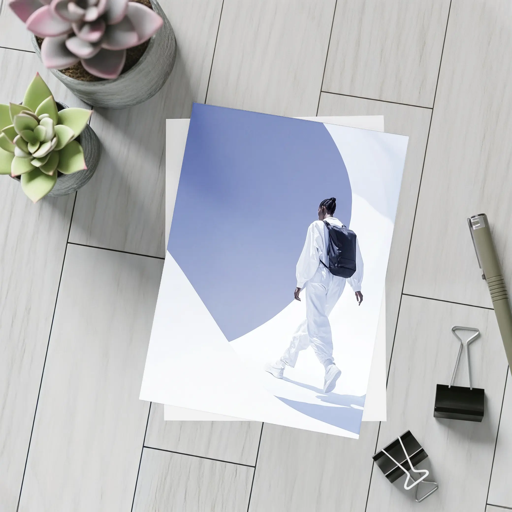 Person White Outfit Black Backpack Blue Sky – Postcards