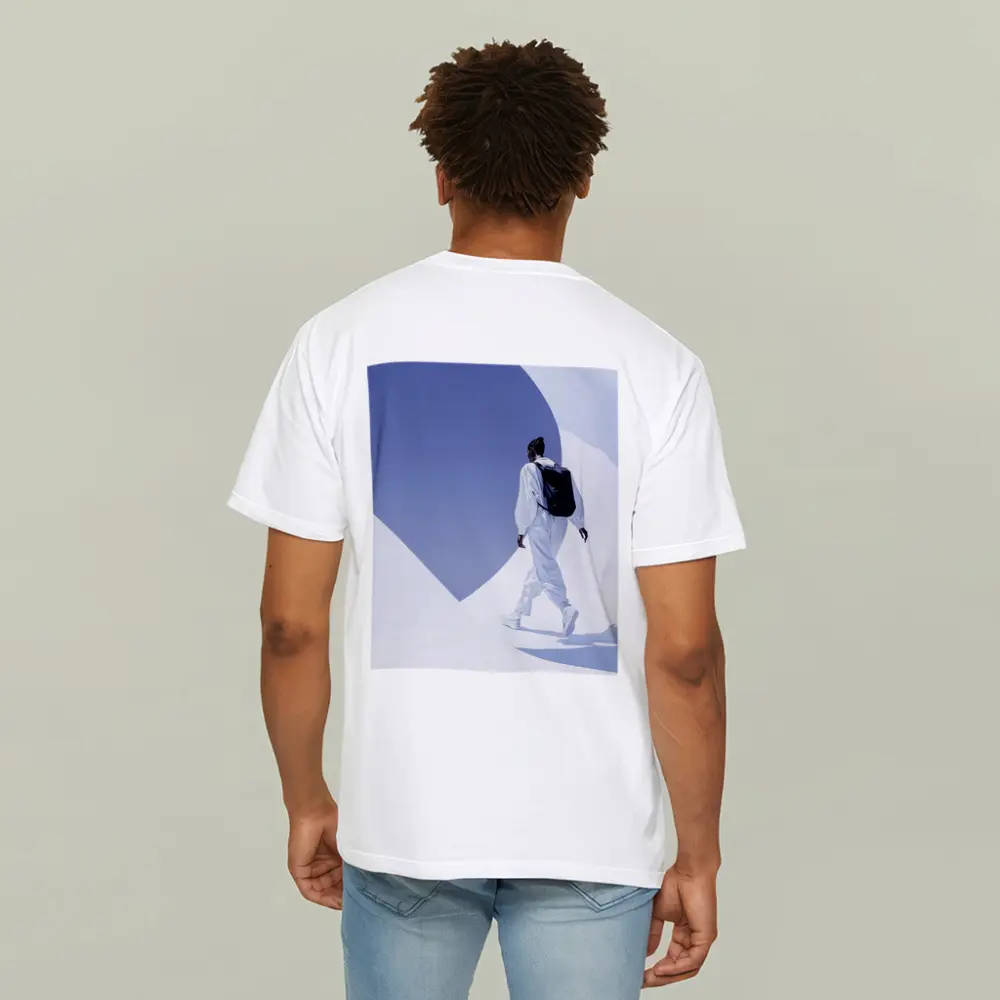 Person White Outfit Black Backpack Blue Sky – T-Shirts
