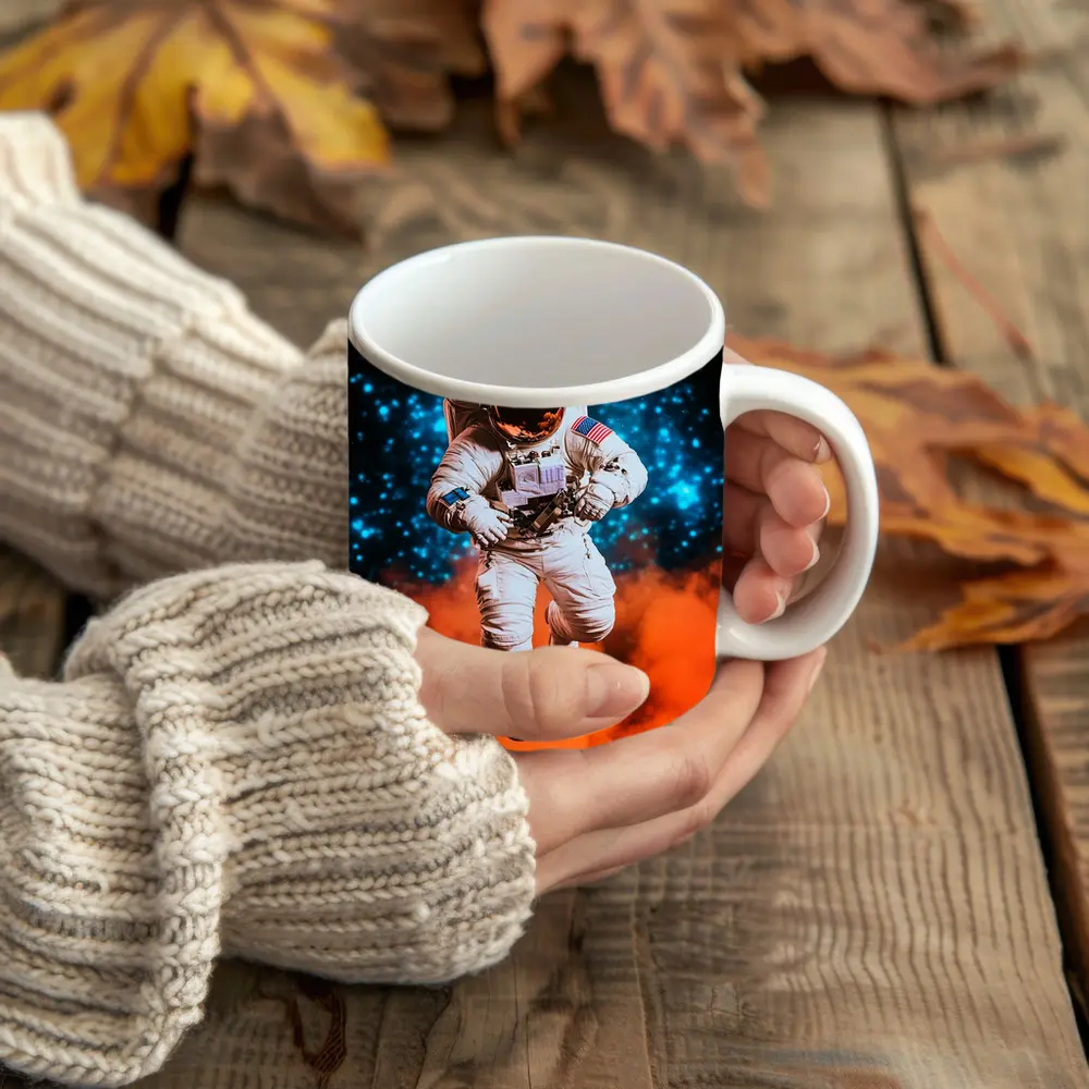 Astronaut Floating Above Orange Cosmic Nebula – Mugs