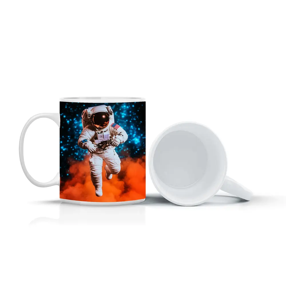 Astronaut Floating Above Orange Cosmic Nebula – Mugs