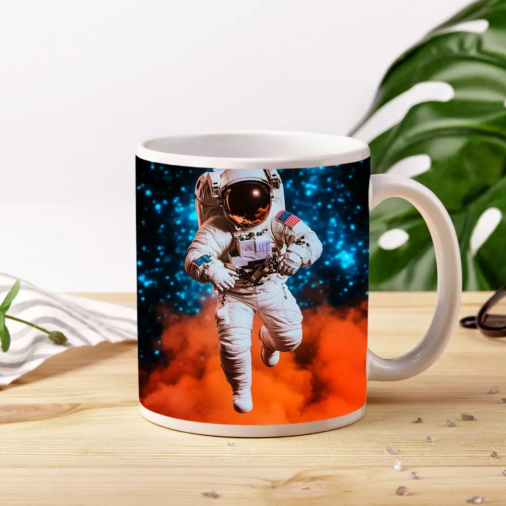Astronaut Floating Above Orange Cosmic Nebula – Mugs