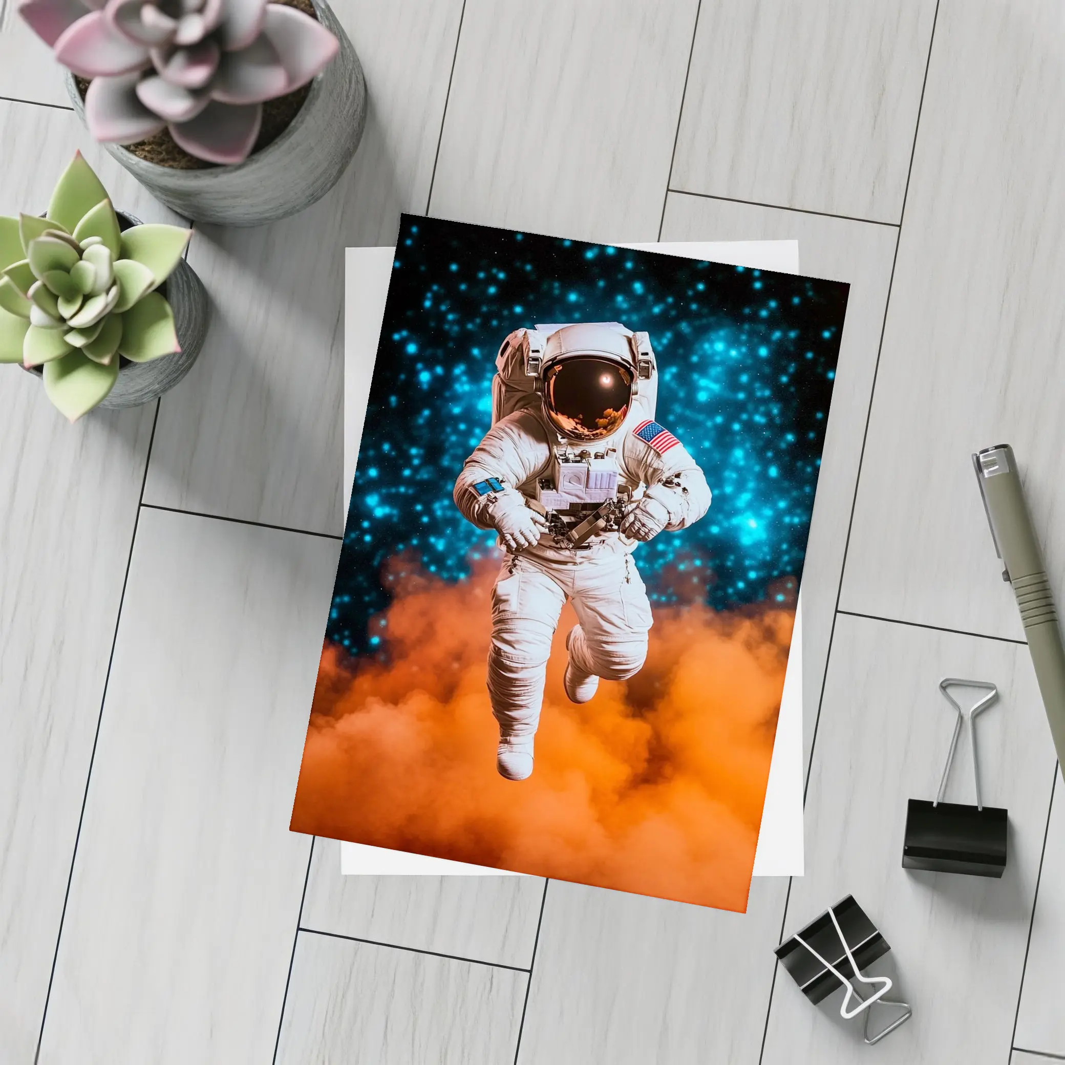 Astronaut Floating Above Orange Cosmic Nebula – Postcards