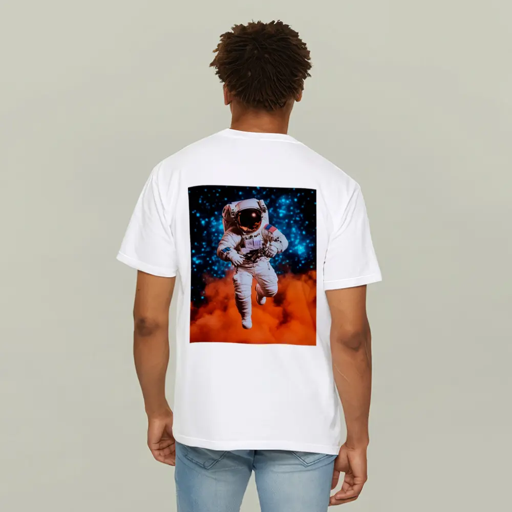 Astronaut Floating Above Orange Cosmic Nebula – T-Shirts