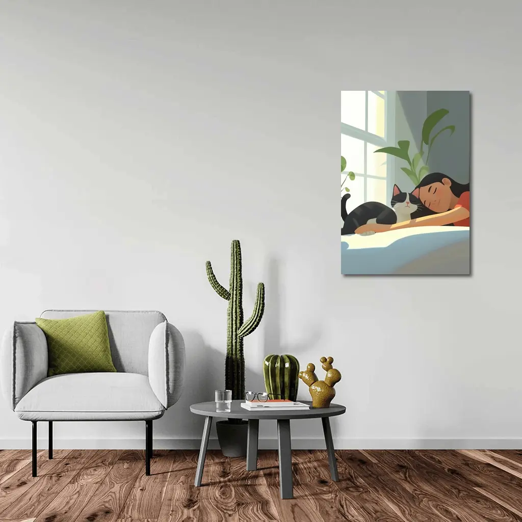 Girl Sleeping With Black Cat Cozy Room – Wall Art