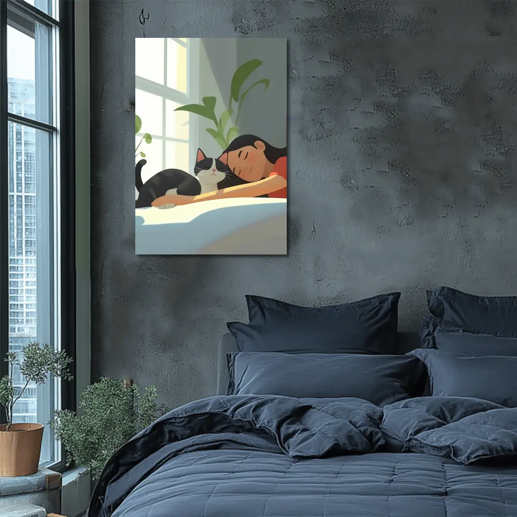 Girl Sleeping With Black Cat Cozy Room – Wall Art