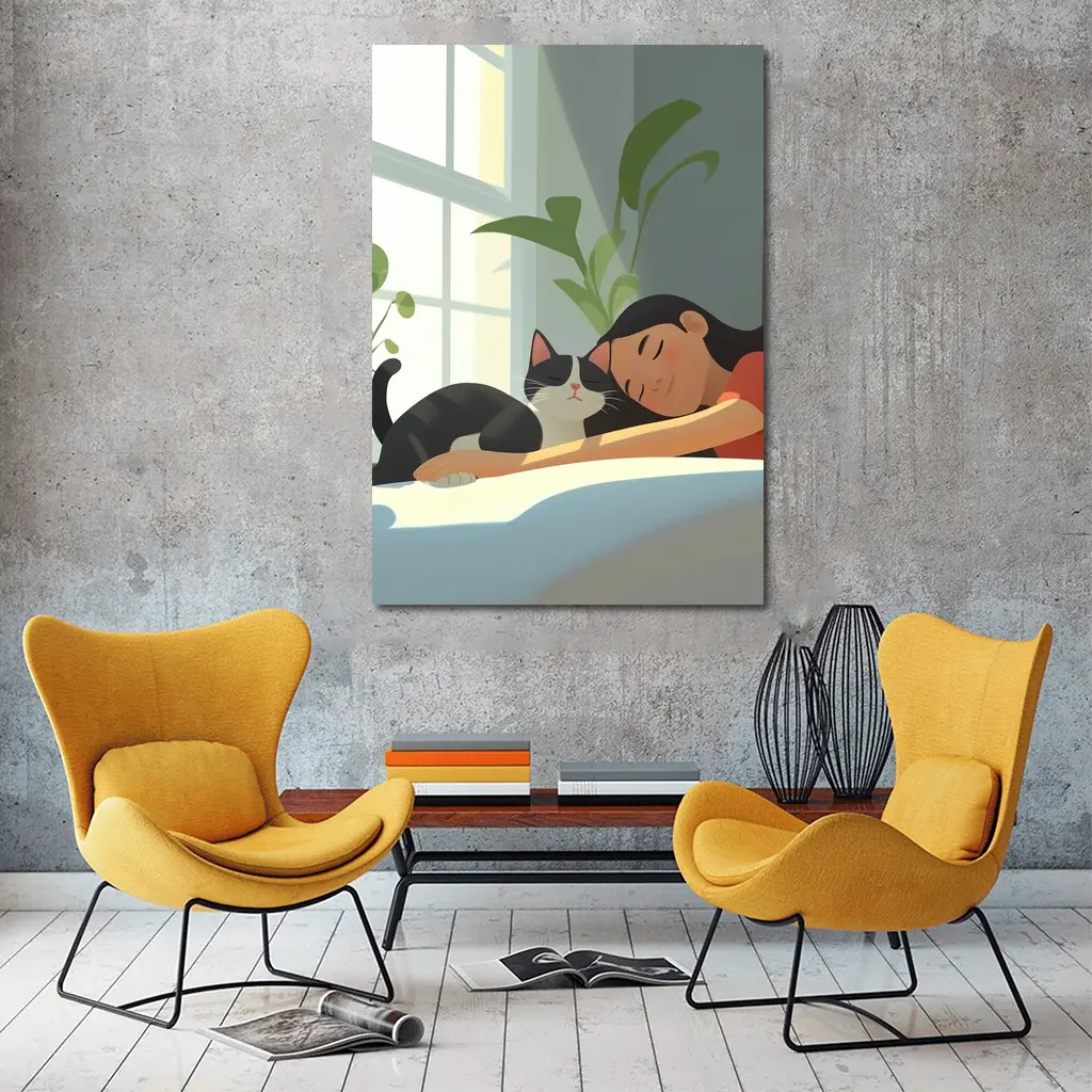 Girl Sleeping With Black Cat Cozy Room – Wall Art