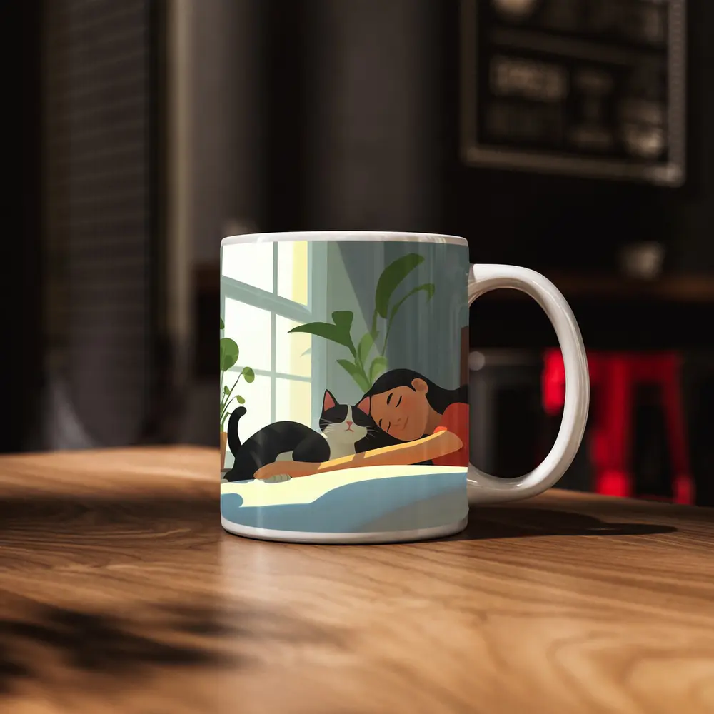 Girl Sleeping With Black Cat Cozy Room – Mugs