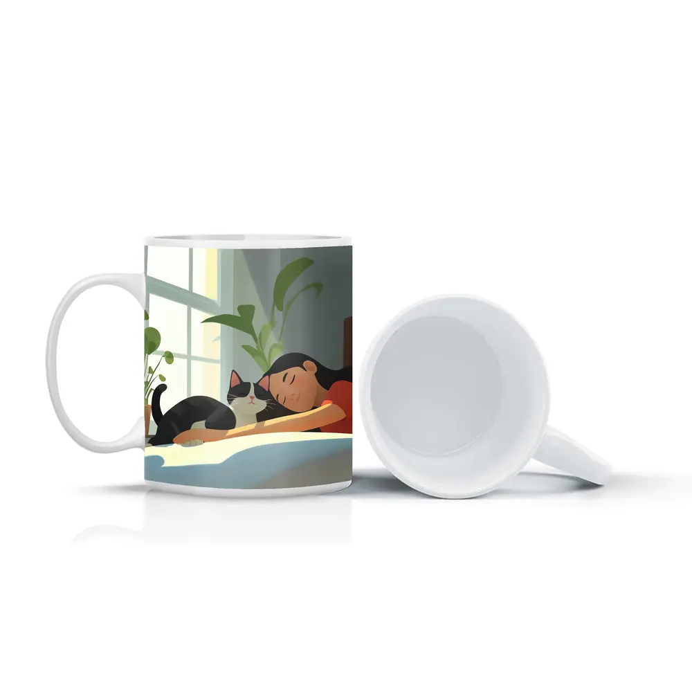 Girl Sleeping With Black Cat Cozy Room – Mugs