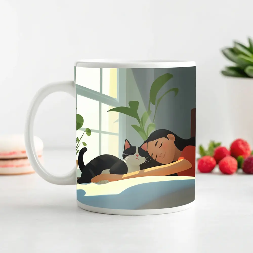 Girl Sleeping With Black Cat Cozy Room – Mugs