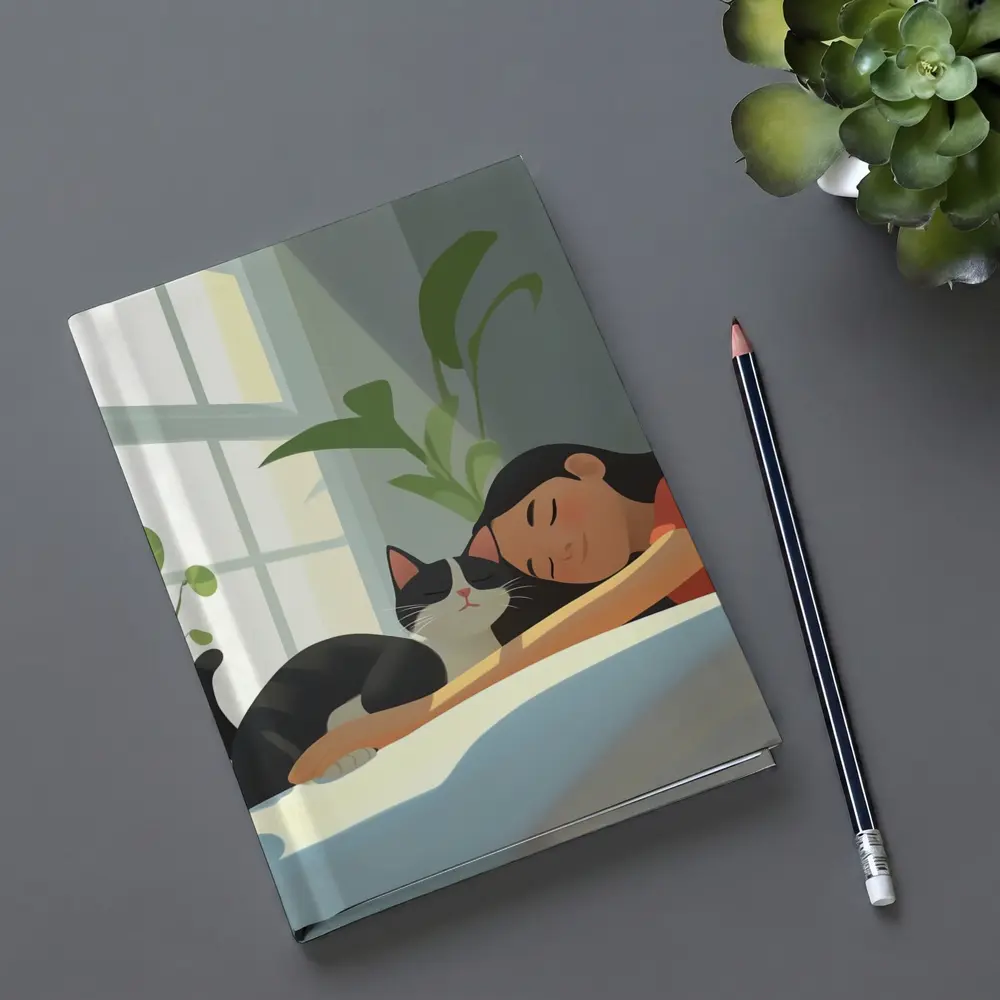 Girl Sleeping With Black Cat Cozy Room – Notebooks