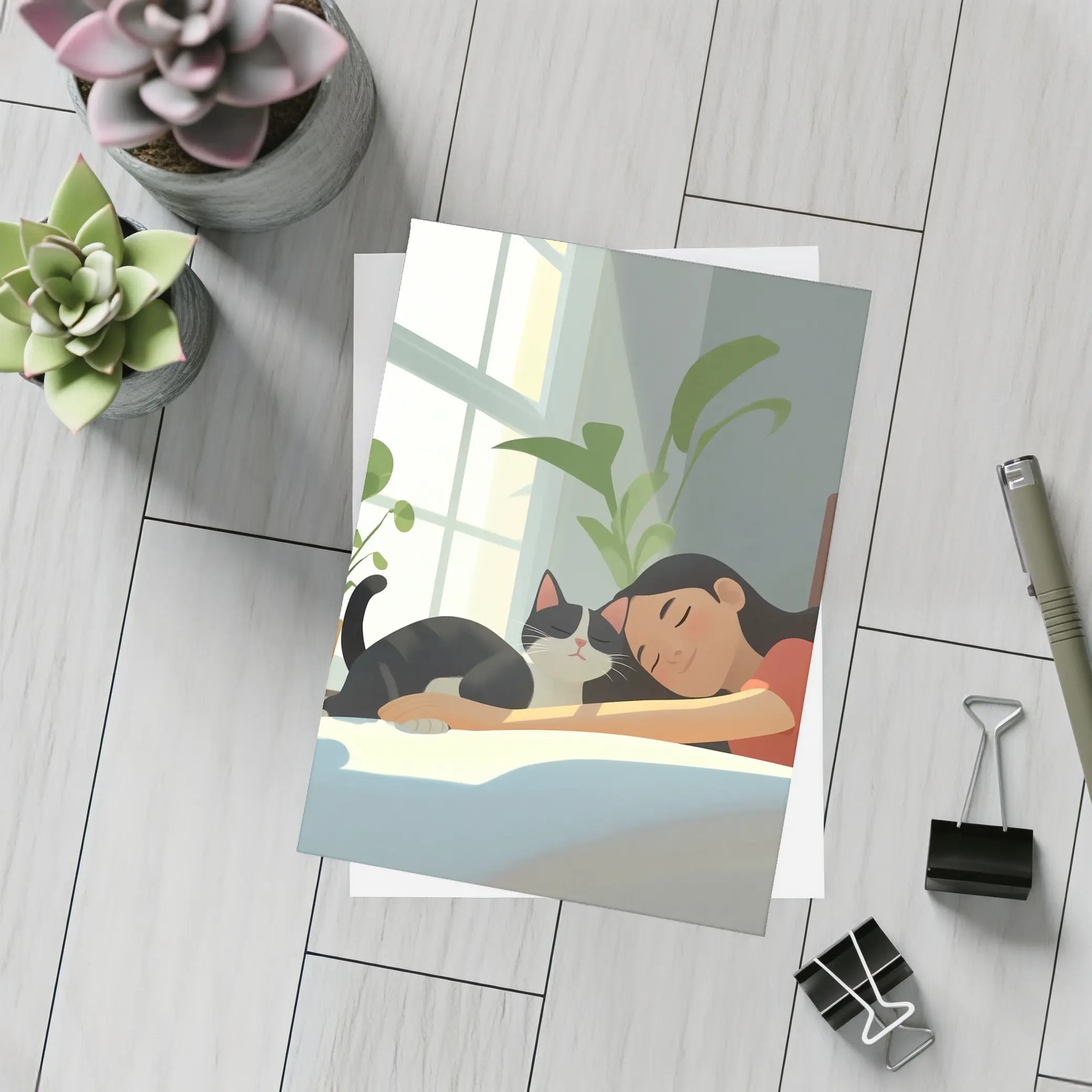 Girl Sleeping With Black Cat Cozy Room – Postcards