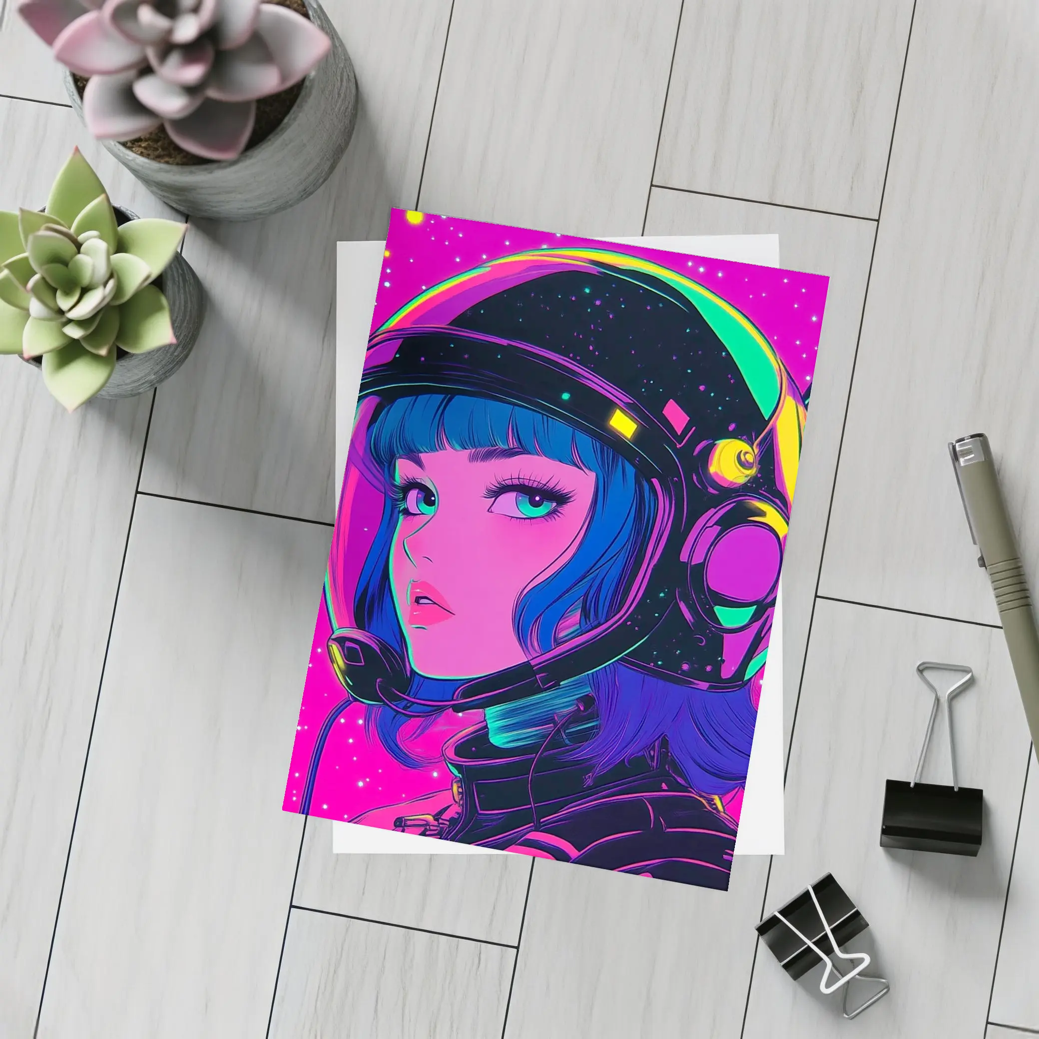 Anime Girl Astronaut Neon Pink Space – Postcards