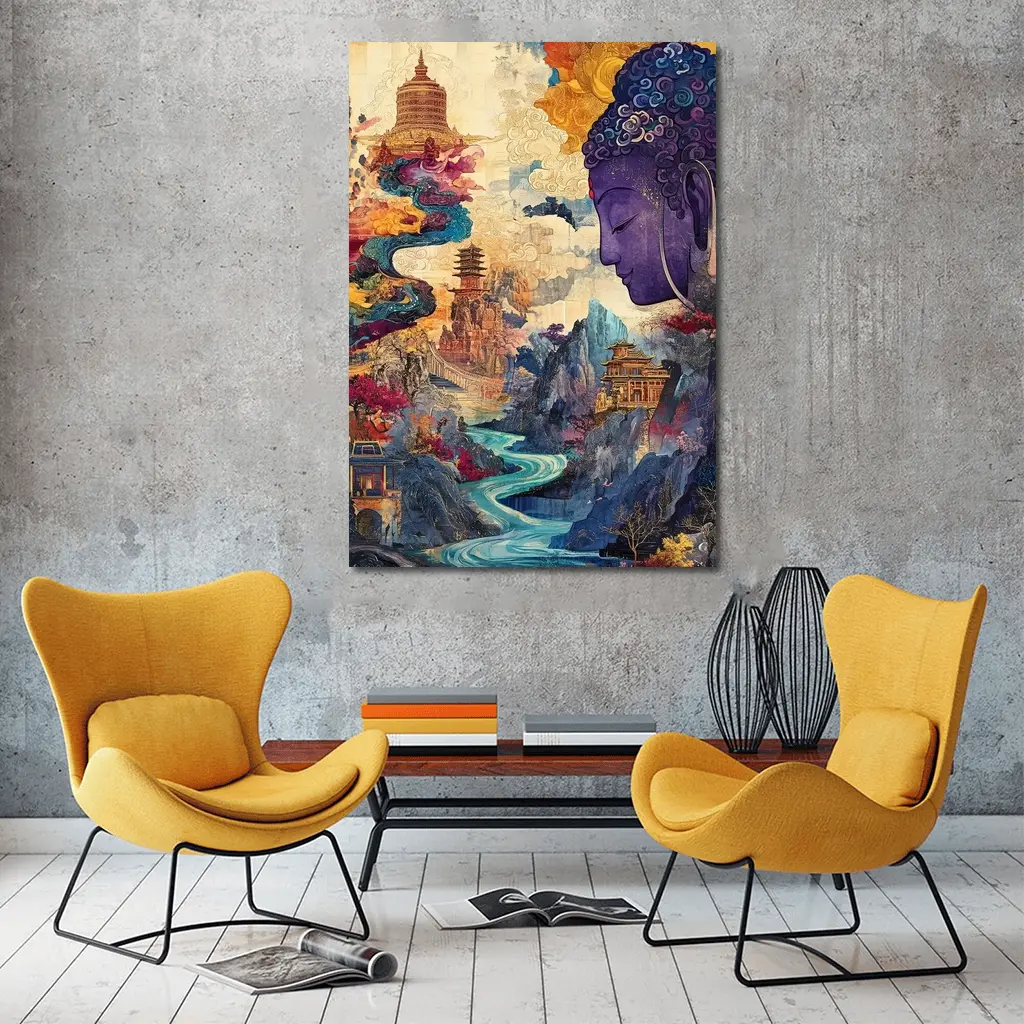 Purple Buddha Colorful Asian Landscape Collage Art – Wall Art