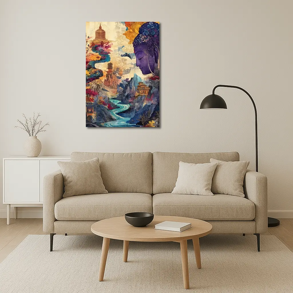 Purple Buddha Colorful Asian Landscape Collage Art – Wall Art