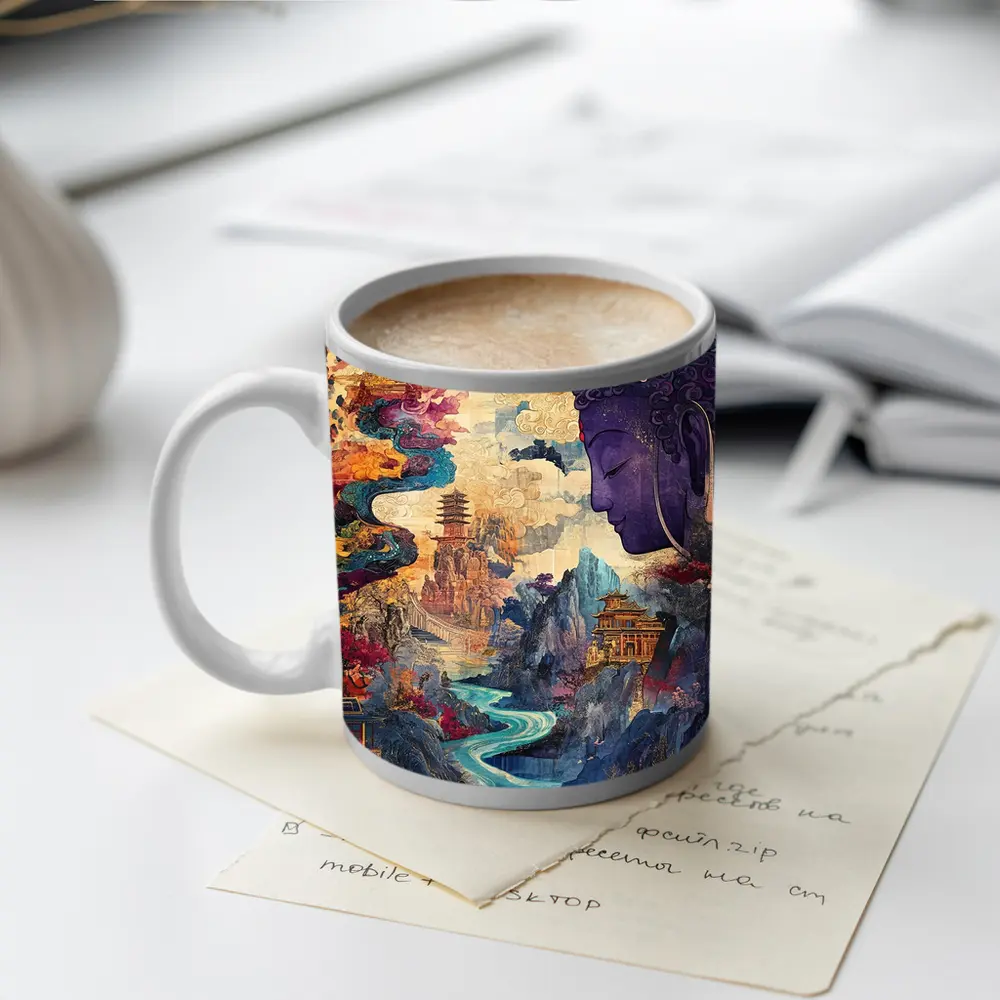 Purple Buddha Colorful Asian Landscape Collage Art – Mugs
