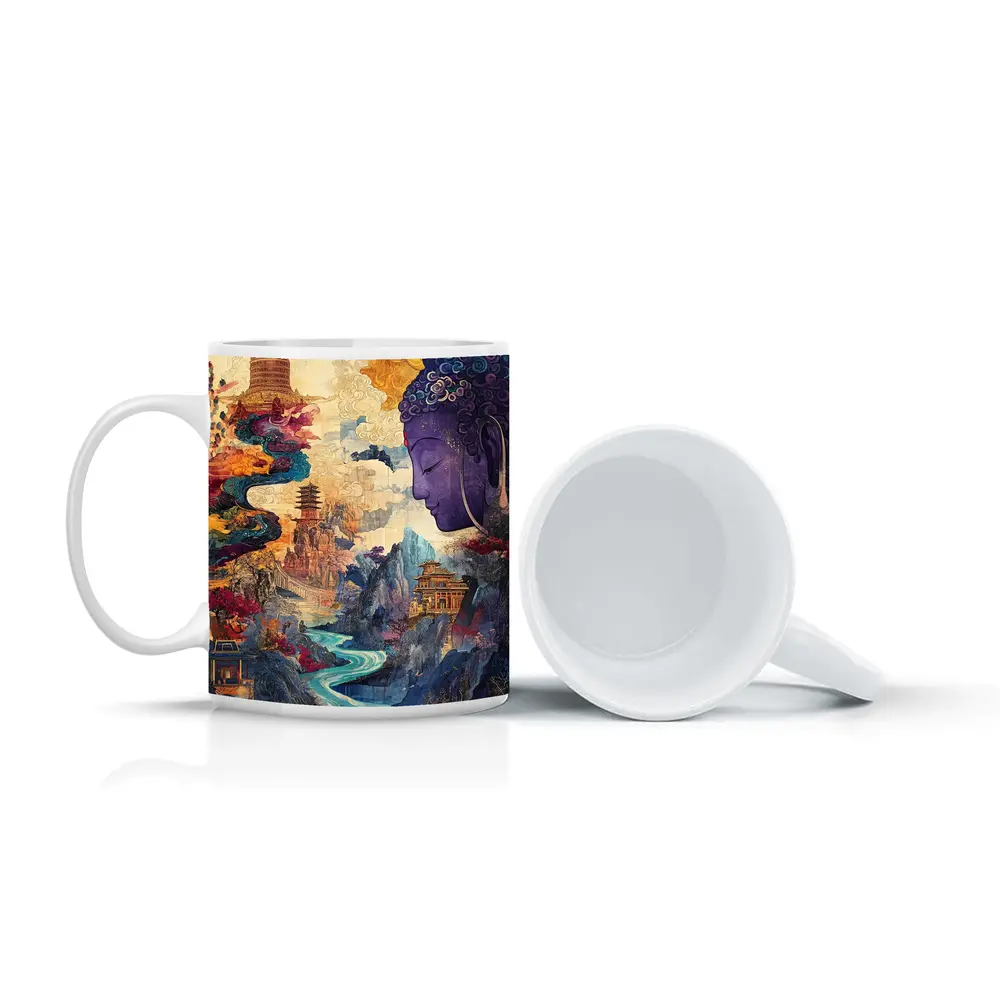 Purple Buddha Colorful Asian Landscape Collage Art – Mugs