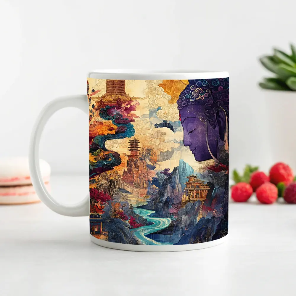 Purple Buddha Colorful Asian Landscape Collage Art – Mugs
