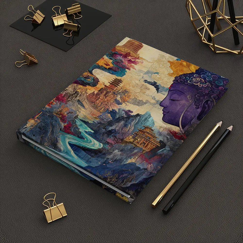 Purple Buddha Colorful Asian Landscape Collage Art – Notebooks
