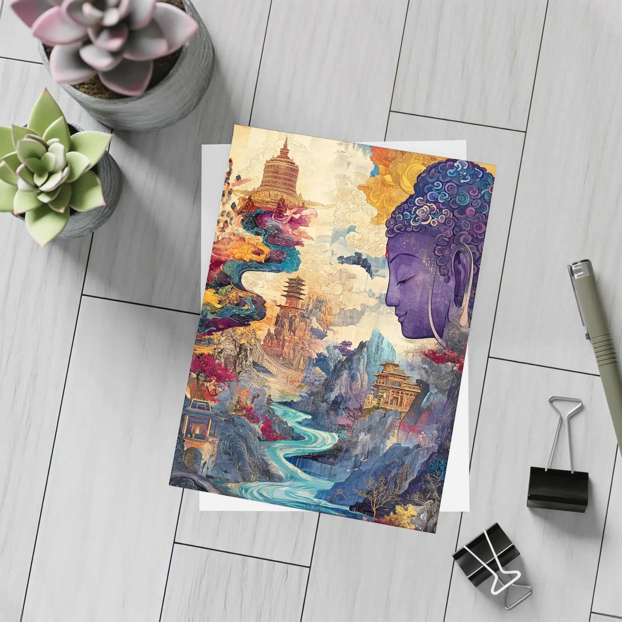 Purple Buddha Colorful Asian Landscape Collage Art – Postcards