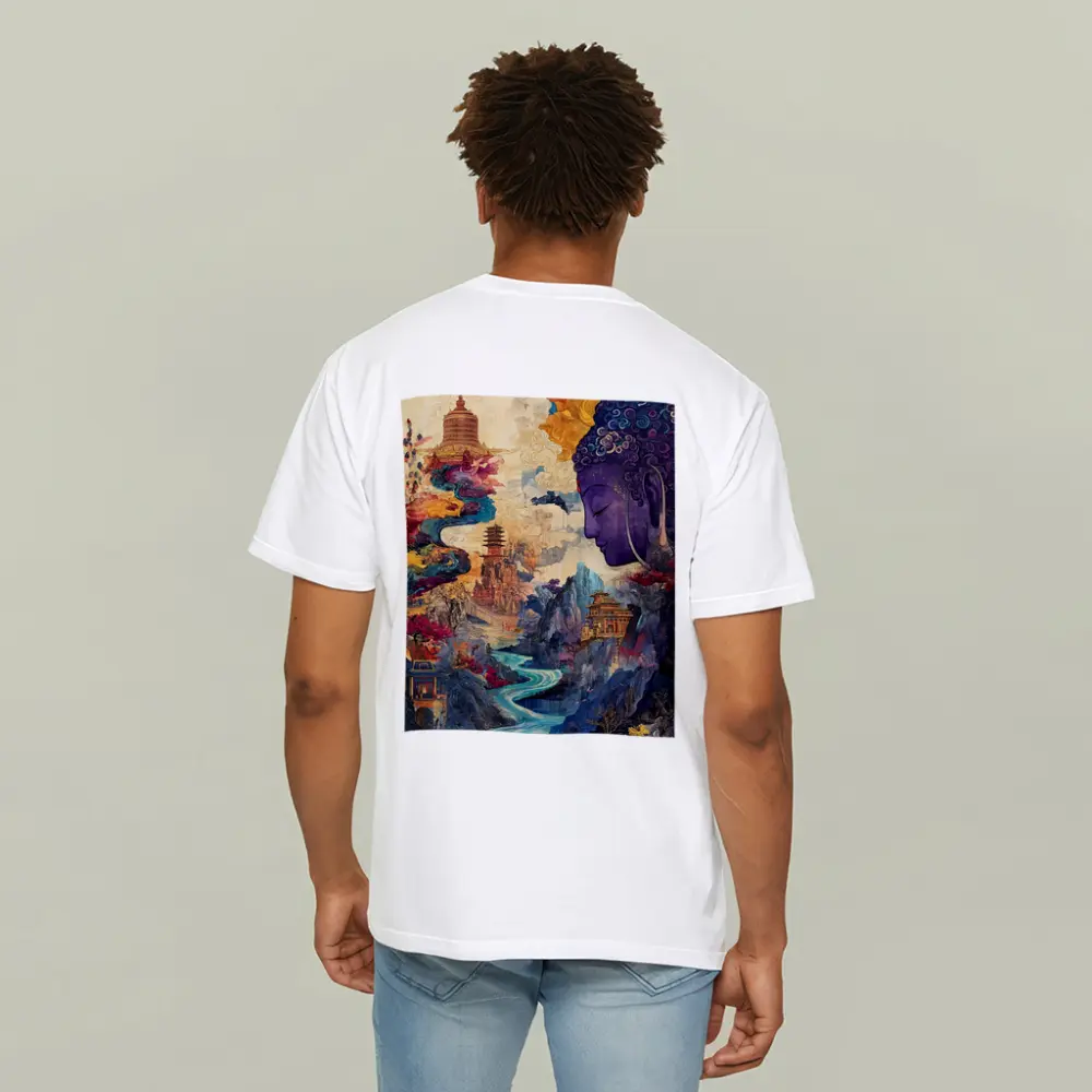 Purple Buddha Colorful Asian Landscape Collage Art – T-Shirts