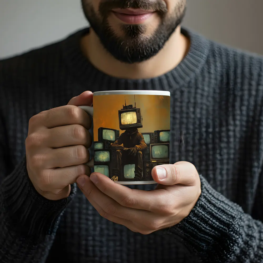 TV Head Figure Sitting On Retro Televisions – Mugs