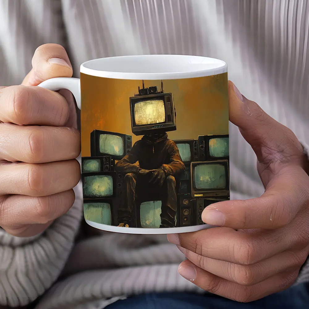 TV Head Figure Sitting On Retro Televisions – Mugs