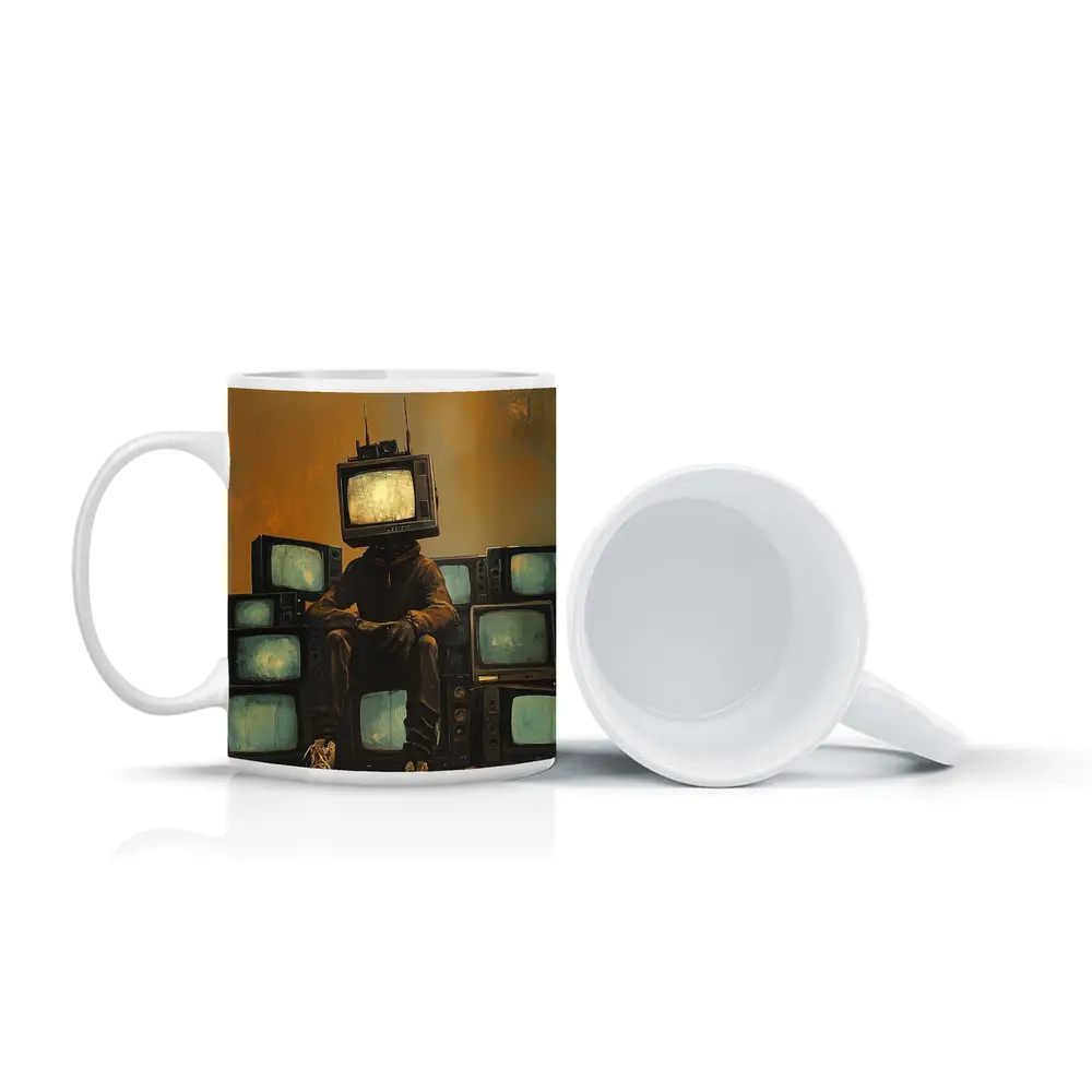 TV Head Figure Sitting On Retro Televisions – Mugs