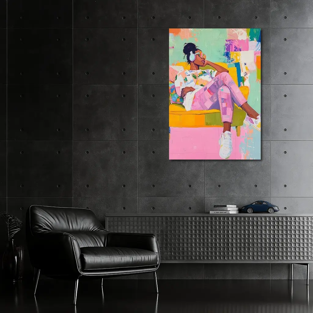 Woman Relaxing on Yellow Sofa Colorful Abstract – Wall Art
