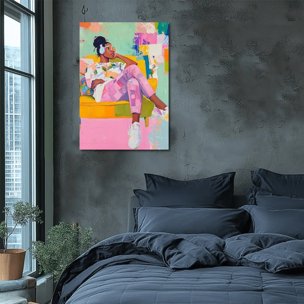 Woman Relaxing on Yellow Sofa Colorful Abstract – Wall Art