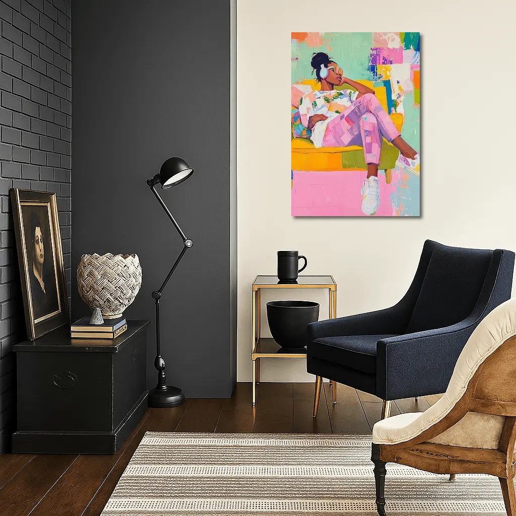 Woman Relaxing on Yellow Sofa Colorful Abstract – Wall Art