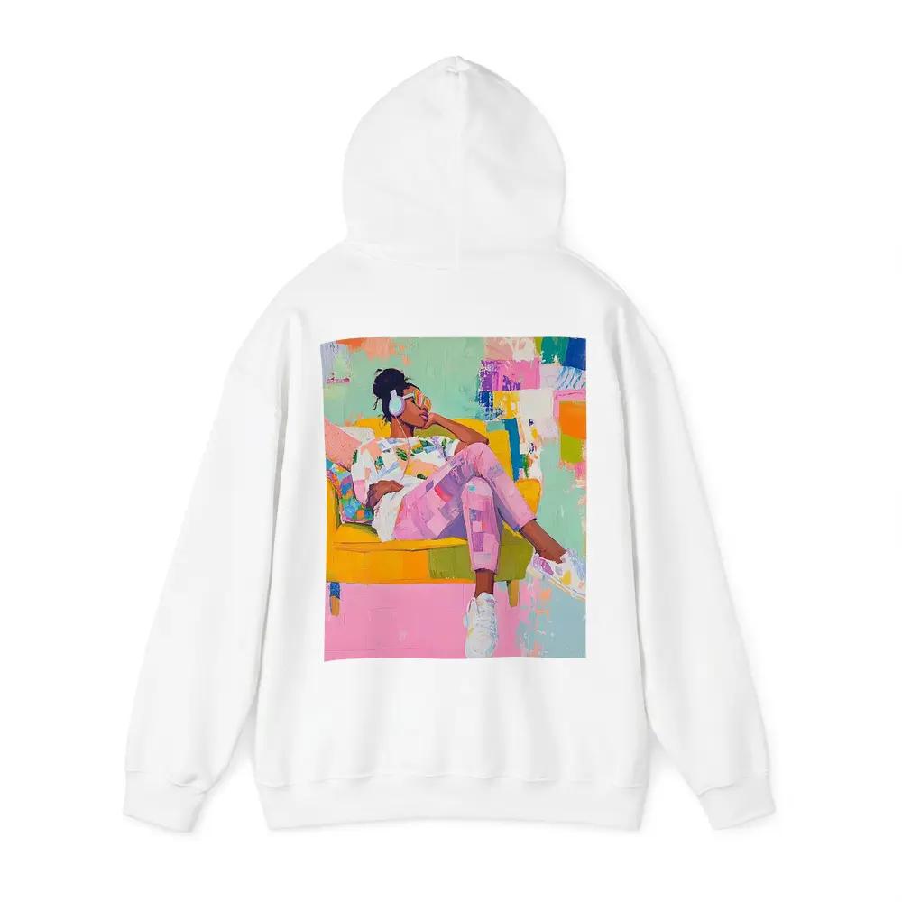 Woman Relaxing on Yellow Sofa Colorful Abstract – Hoodies