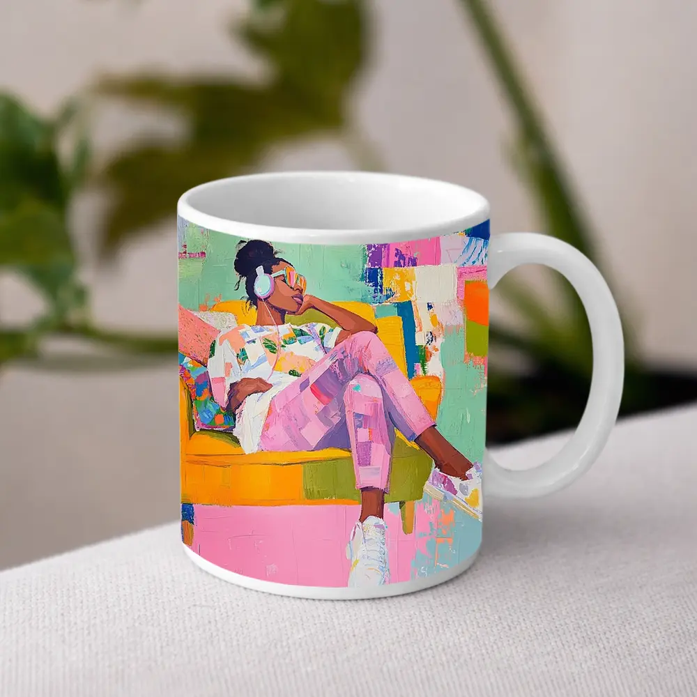 Woman Relaxing on Yellow Sofa Colorful Abstract – Mugs