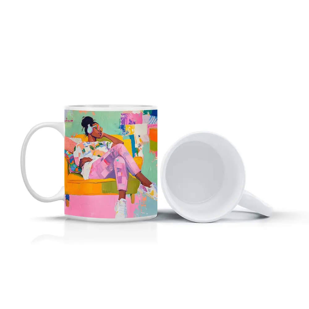 Woman Relaxing on Yellow Sofa Colorful Abstract – Mugs