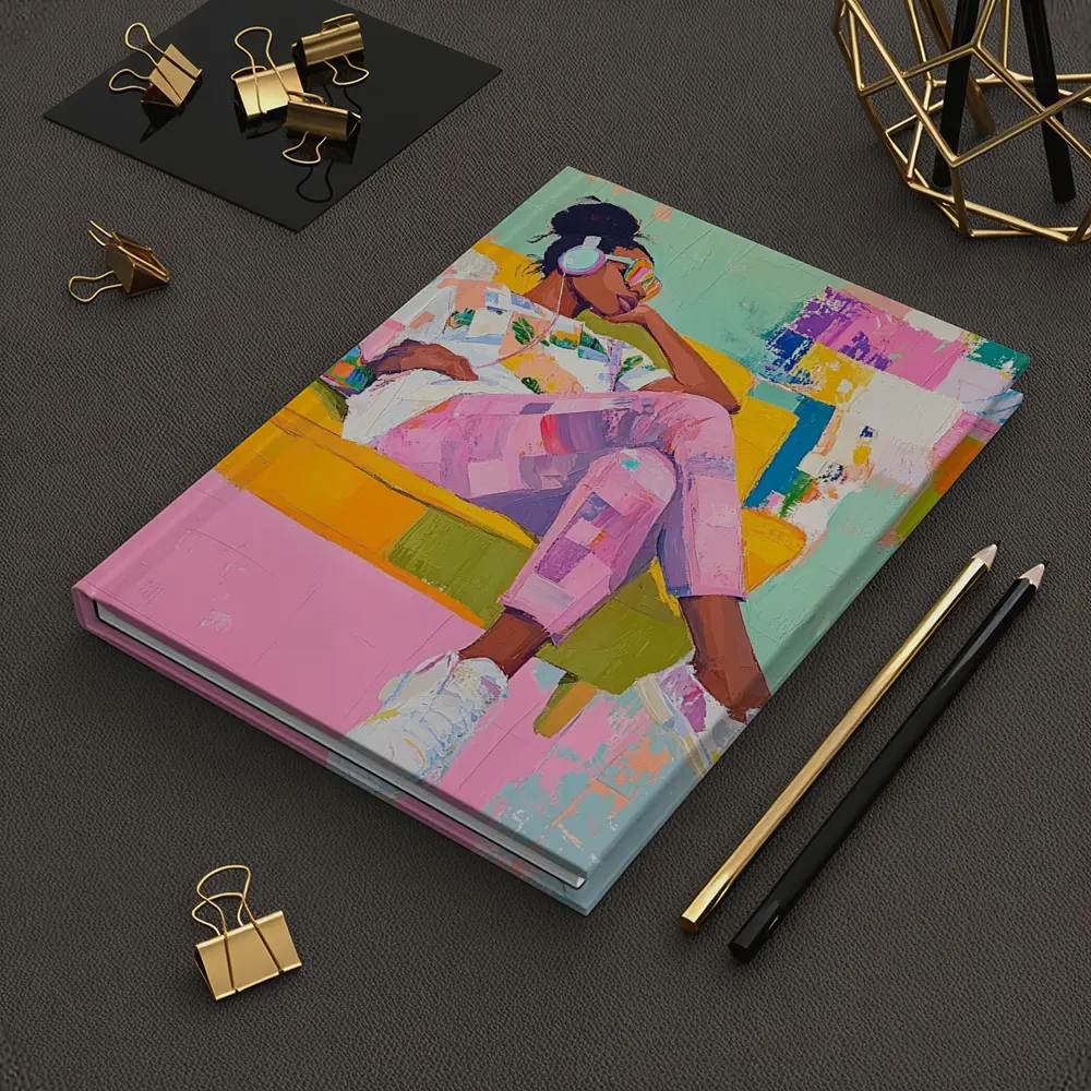 Woman Relaxing on Yellow Sofa Colorful Abstract – Notebooks