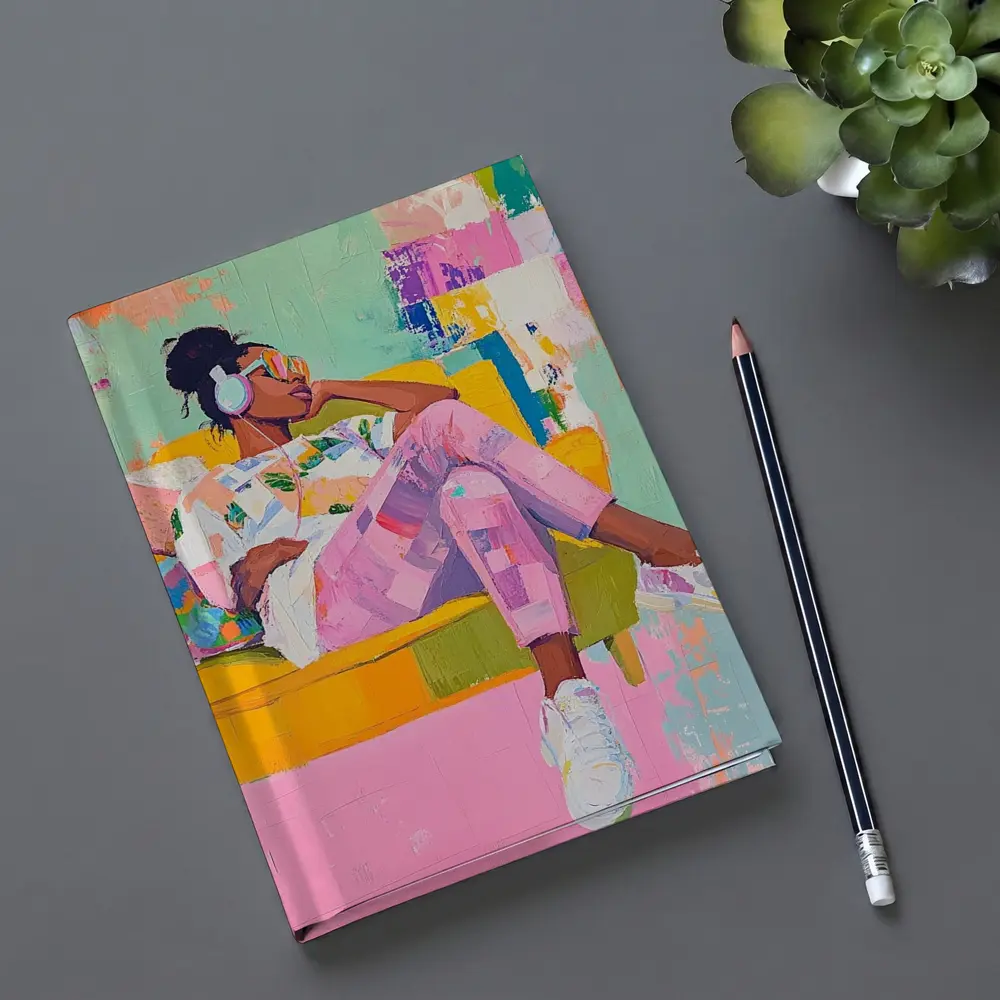 Woman Relaxing on Yellow Sofa Colorful Abstract – Notebooks