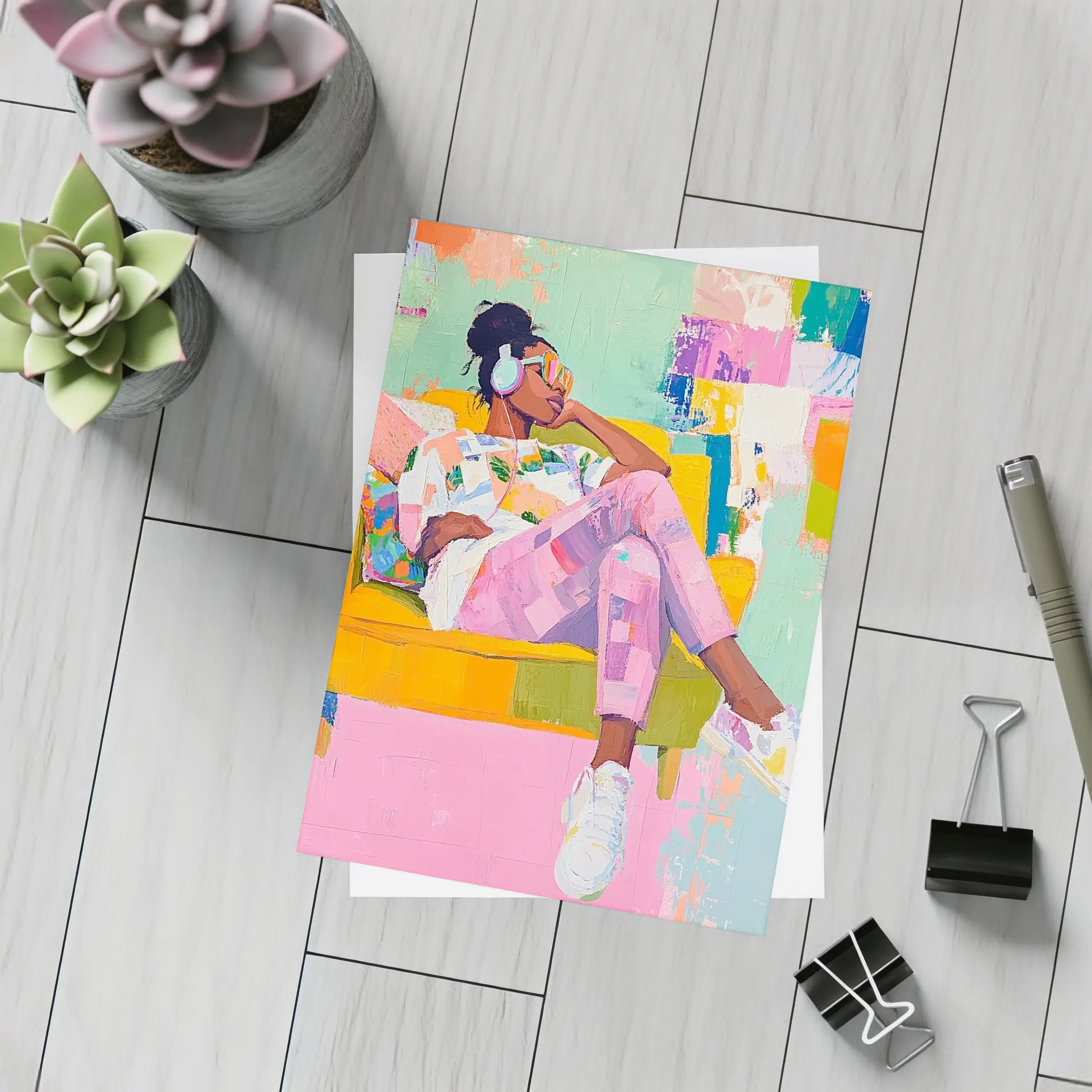 Woman Relaxing on Yellow Sofa Colorful Abstract – Postcards