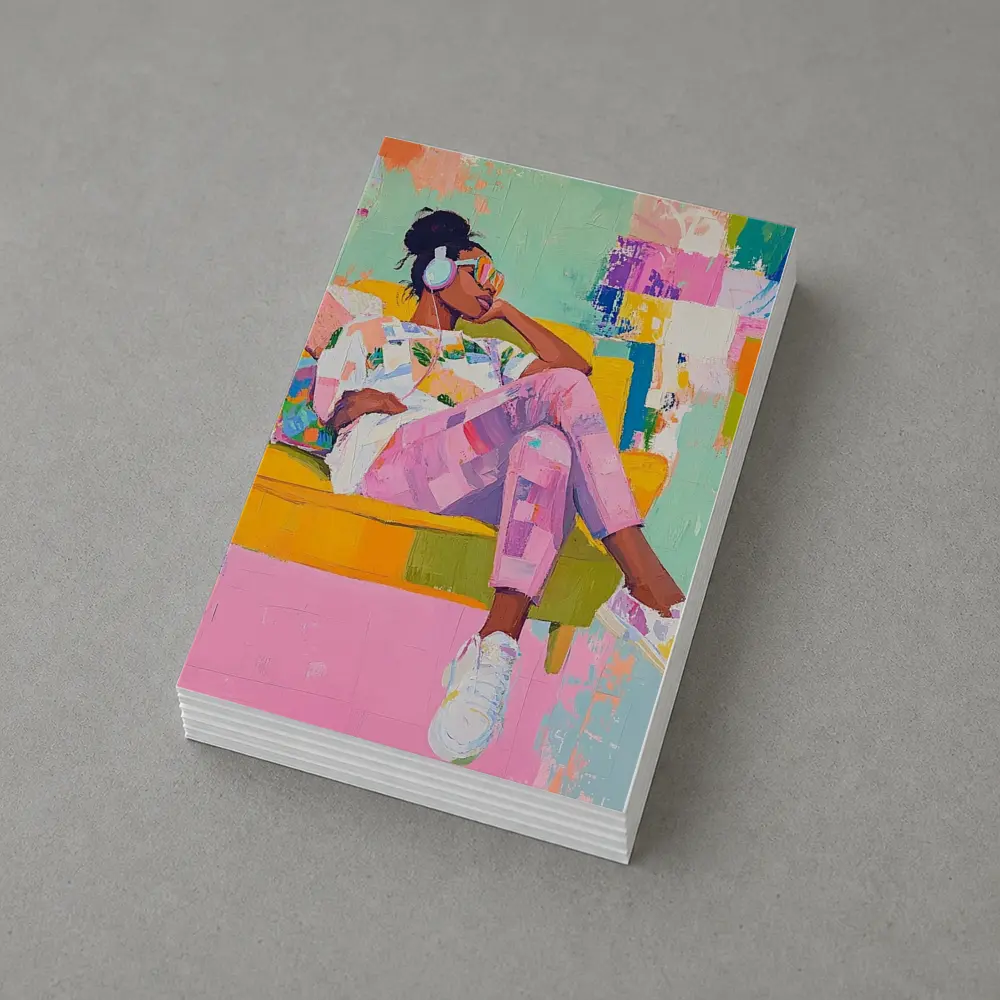 Woman Relaxing on Yellow Sofa Colorful Abstract – Postcards