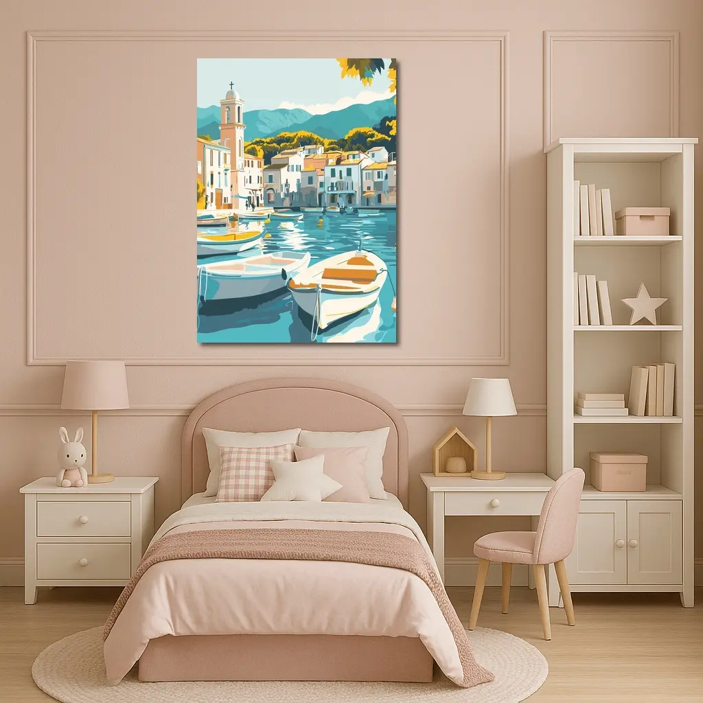 Mediterranean Harbor Town Boats Illustration Art – Wall Art