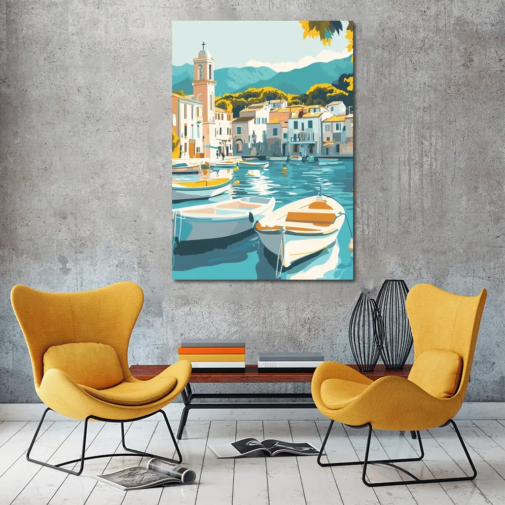 Mediterranean Harbor Town Boats Illustration Art – Wall Art
