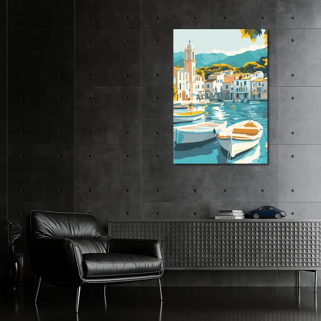 Mediterranean Harbor Town Boats Illustration Art – Wall Art