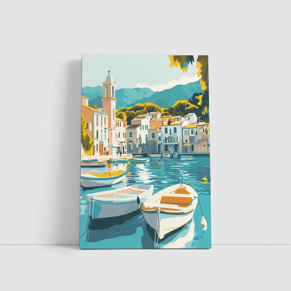 Mediterranean Harbor Town Boats Illustration Art – Wall Art