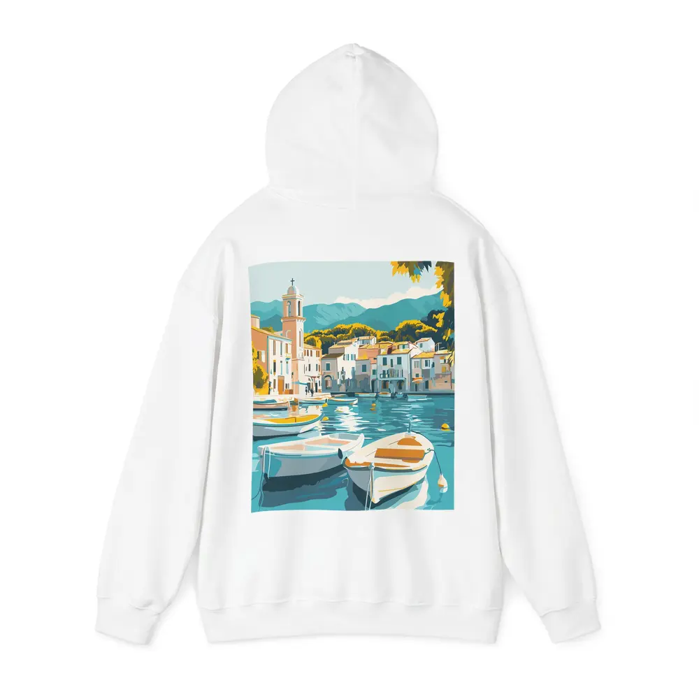 Mediterranean Harbor Town Boats Illustration Art – Hoodies