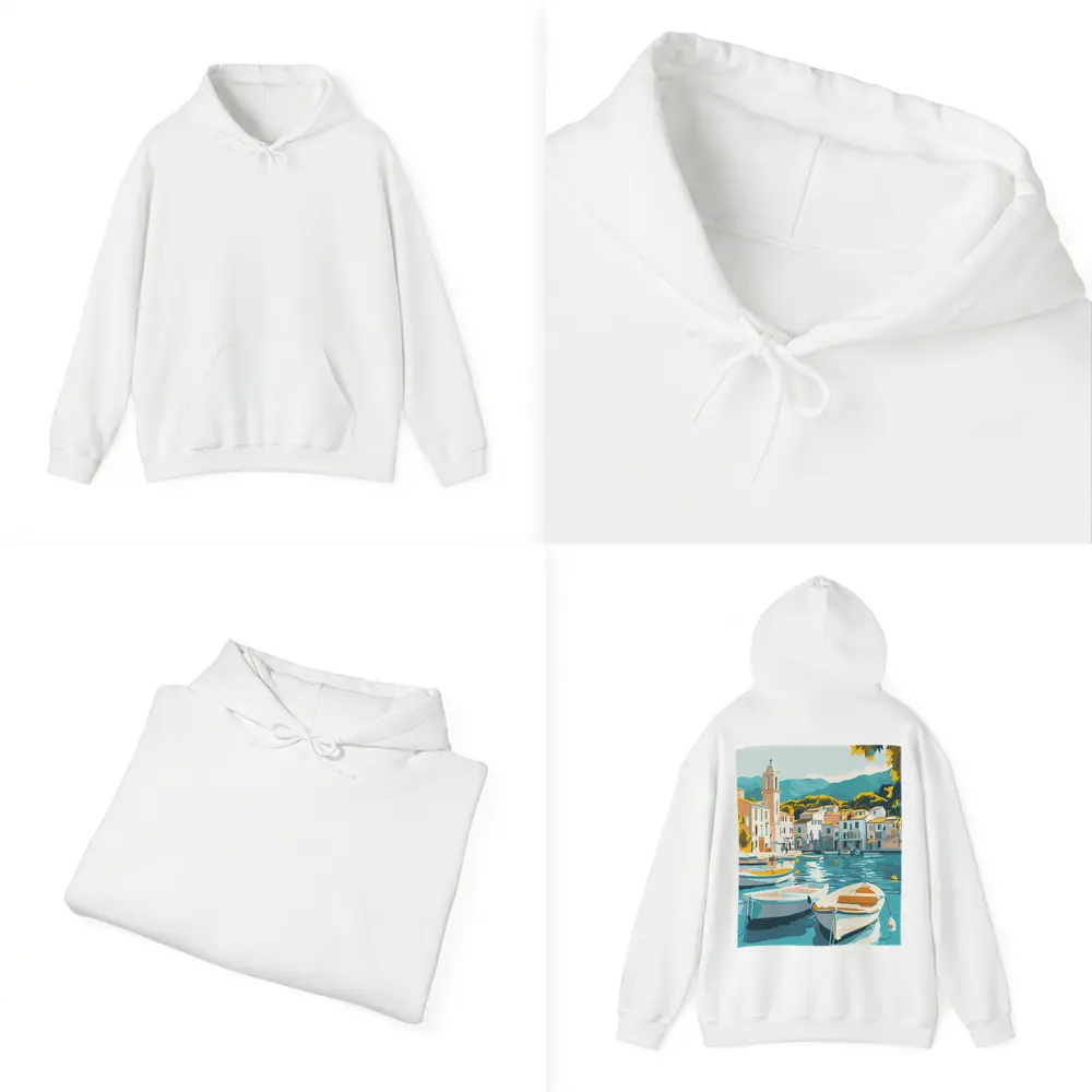 Mediterranean Harbor Town Boats Illustration Art – Hoodies