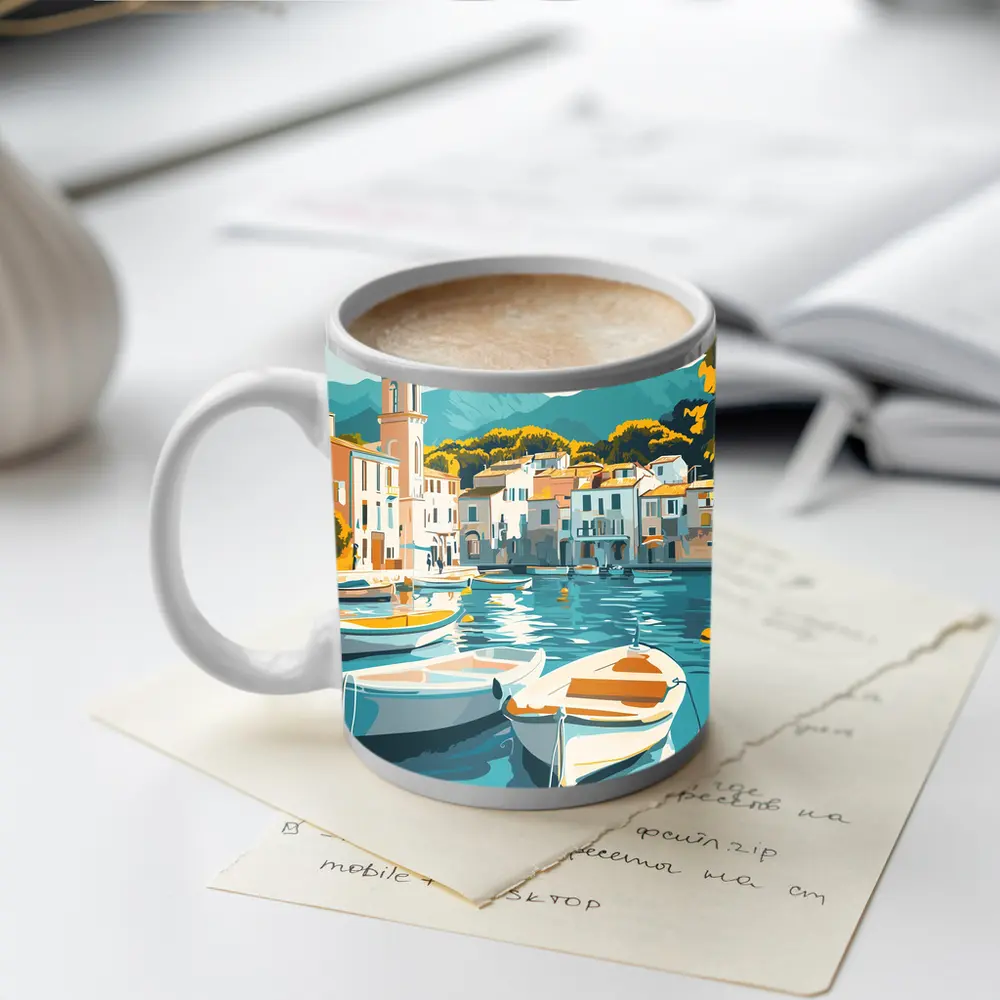 Mediterranean Harbor Town Boats Illustration Art – Mugs