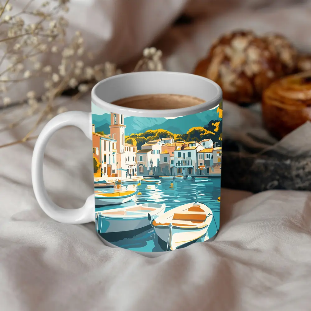 Mediterranean Harbor Town Boats Illustration Art – Mugs