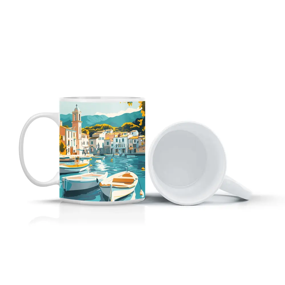 Mediterranean Harbor Town Boats Illustration Art – Mugs