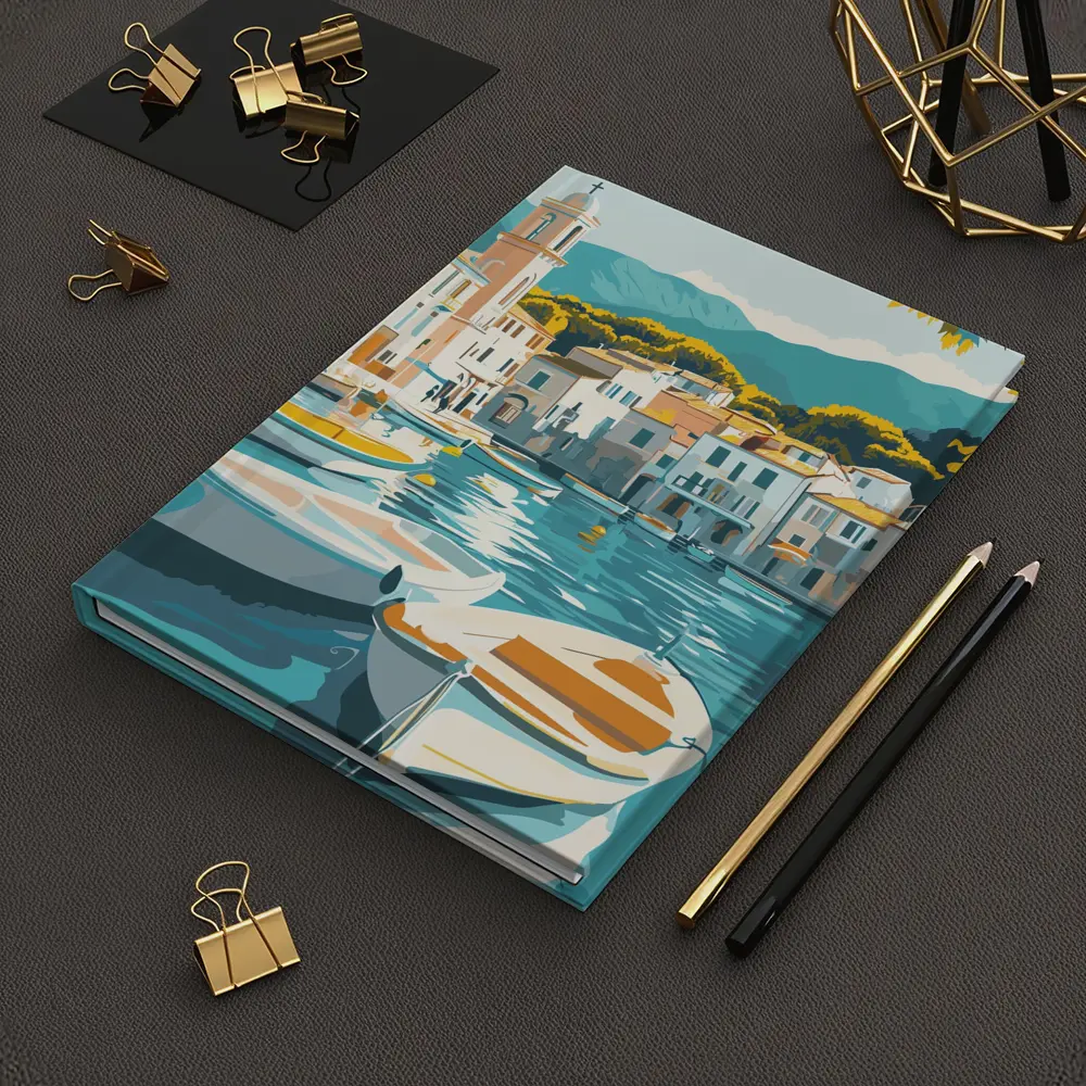 Mediterranean Harbor Town Boats Illustration Art – Notebooks
