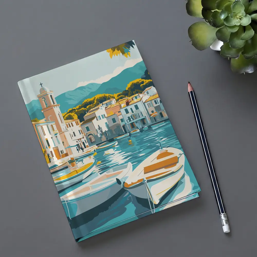 Mediterranean Harbor Town Boats Illustration Art – Notebooks