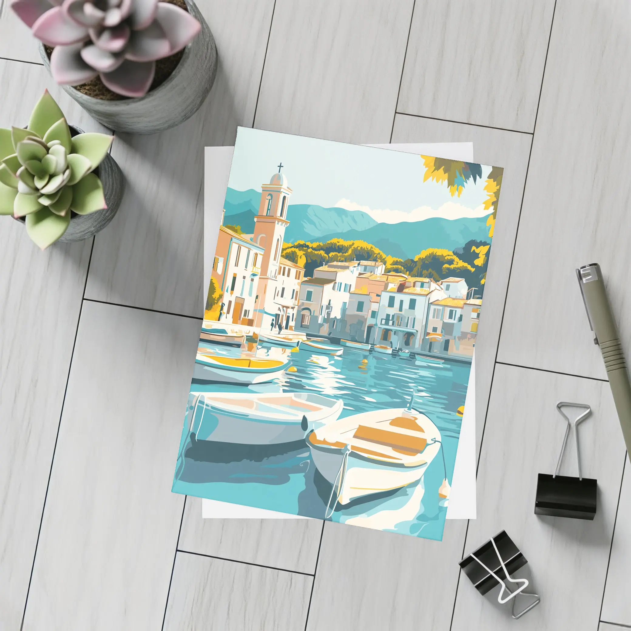 Mediterranean Harbor Town Boats Illustration Art – Postcards